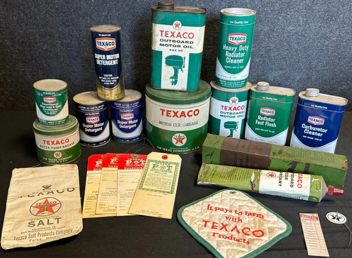 Lot of 20 Texaco 1920s-60s Gas Station Motor Oil Cans, Greases, Pot Holder, Hang Tags & Salt Bag