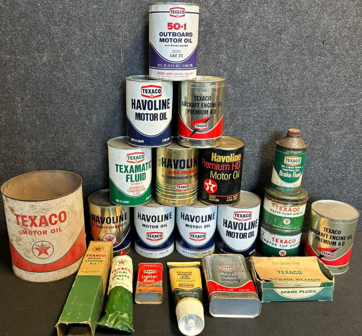 Lot of 20 Texaco Early 1940s-60s Quart, Grease, Outboard, Spark Plugs & More