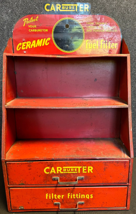 Carter Carbureter Ceramic Fuel Filter Metal Advertising Store Display Rack w/ Drawers