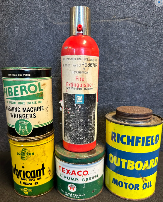 Lot of 5 Advertising Oil Cans: Fiberol, Long Run Lubricant, GM Fire Extinguisher