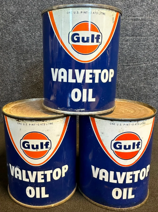 Three Full Gulf Oil Valvetop Oil Cans 1 Pint