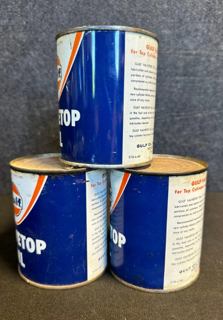 Three Full Gulf Oil Valvetop Oil Cans 1 Pint