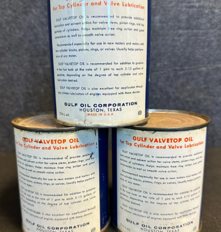 Three Full Gulf Oil Valvetop Oil Cans 1 Pint