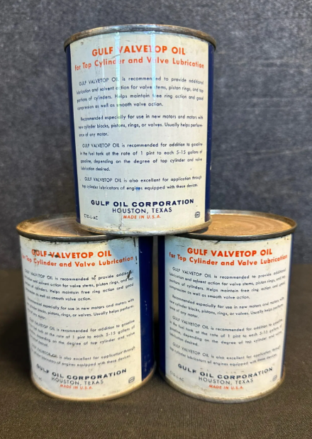 Three Full Gulf Oil Valvetop Oil Cans 1 Pint