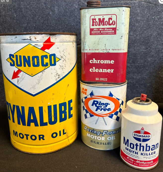 Lot of 4 SST Oil Cans: Sunoco 5 Quart, Dynalube, Fomoco Chrome Cleaner, Ring Free Full Quart