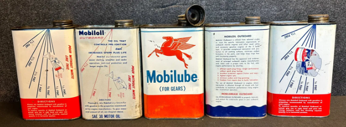 Five SST Mobil Oil & Mobilube Outboard Quart Motor Oil Cans