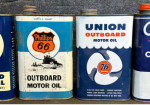 Four SST Outboard 1 Quart Motor Oil Cans: RPM, Phillips 66, Union 76 & Gulfpride