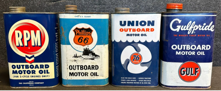 Four SST Outboard 1 Quart Motor Oil Cans: RPM, Phillips 66, Union 76 & Gulfpride