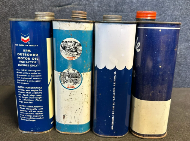 Four SST Outboard 1 Quart Motor Oil Cans: RPM, Phillips 66, Union 76 & Gulfpride