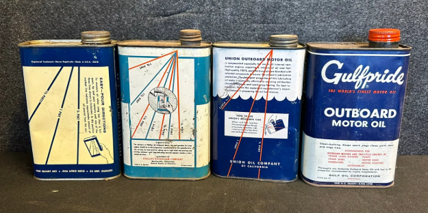 Four SST Outboard 1 Quart Motor Oil Cans: RPM, Phillips 66, Union 76 & Gulfpride
