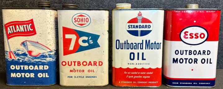 Four SST Outboard 1 Quart Motor Oil Cans: Esso, Atlantic, Sohio 7c’s & Standard Oil