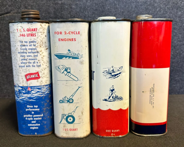 Four SST Outboard 1 Quart Motor Oil Cans: Esso, Atlantic, Sohio 7c’s & Standard Oil