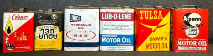 Motor Oil Cans: 4 2-Gallons Unico, Lub-O-Lene, Tulsa & APENN