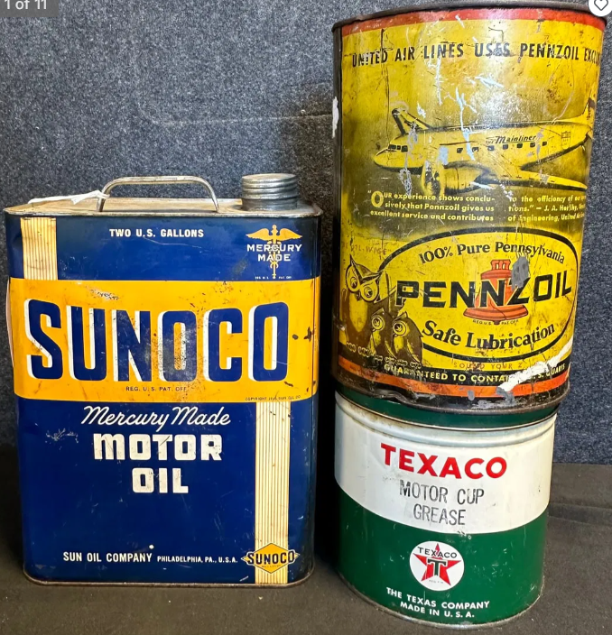 Lot of 3 Motor Oil Cans: 1 5 Quart Pennzoil w/ Airplane, 2 Gallon Sunoco & 5 Lb Texaco Grease