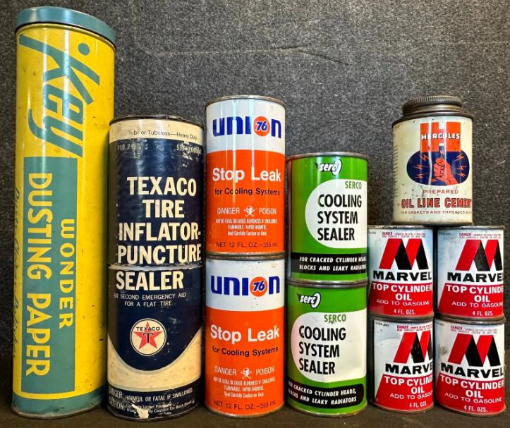 Eleven Motor Oil Service Station SST Cans: Union 76 Stop Leak, Marvel Top, Serco Cooling, Texaco