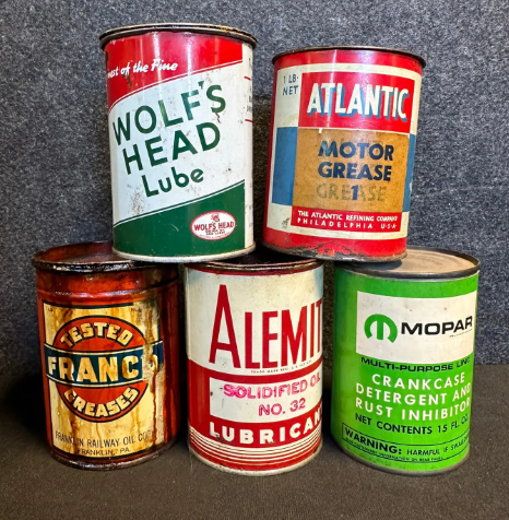 Five Grease 1LB SST Cans: Franco Franklin Railway Oil, Mopar, Alemite, Atlantic & Wolf’s Head