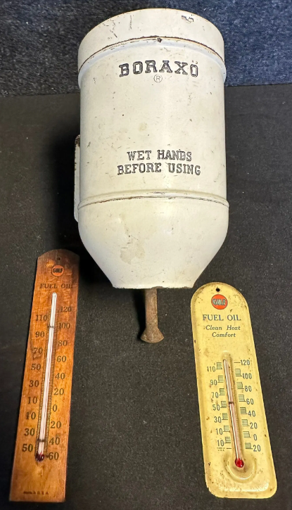 Boraxo Soap Dispenser & Pair of SST Gulf Oil Thermometers