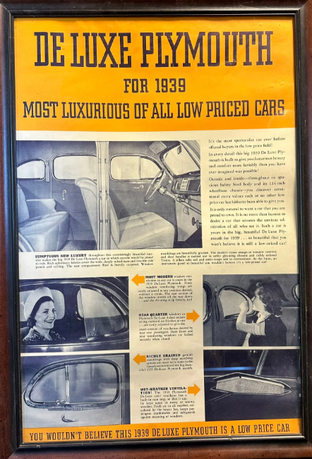 1939 Framed Deluxe Plymouth Most Luxurious Low Priced Cars Paper Advertising Store Display