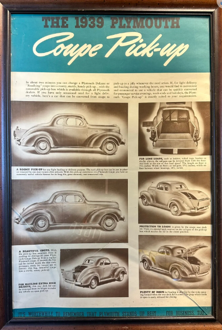 1939 Plymouth Couple Pickup Truck Paper Advertising Dealer Display Sign Framed