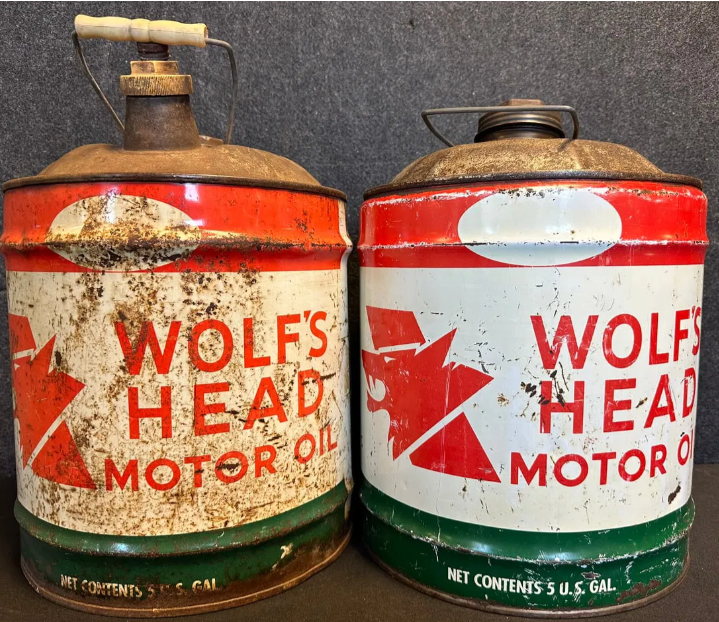 Wolf’s Head Motor Oil 5 Gallon Metal Advertising Cans
