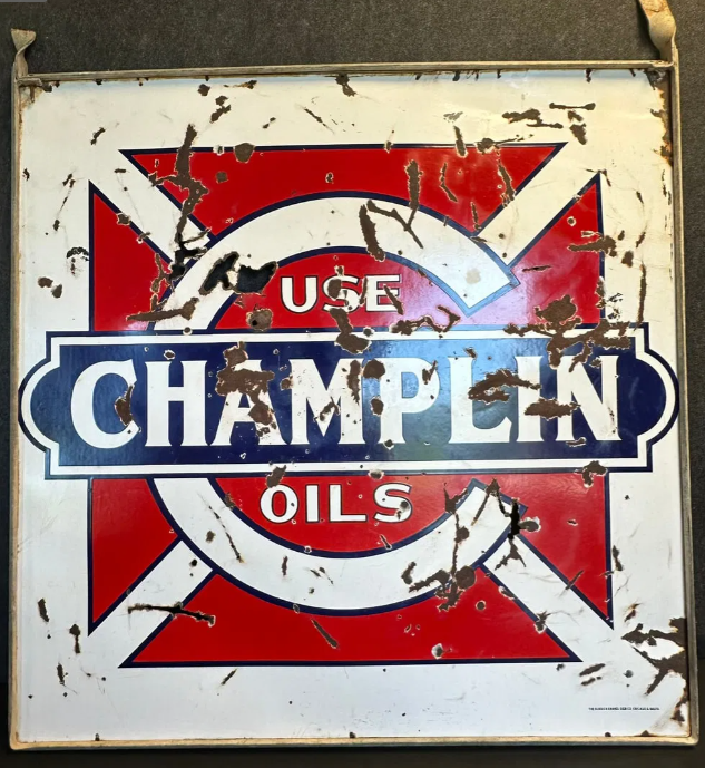 Champlin Oils Double Sided Porcelain Advertising Sign w/ Original Hanging Bracket