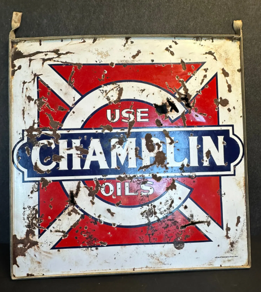 Champlin Oils Double Sided Porcelain Advertising Sign w/ Original Hanging Bracket