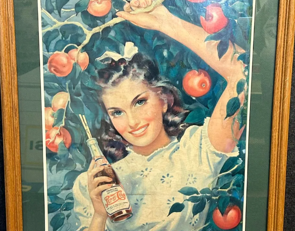 Pepsi Cola 1930s Double Dot Cardboard Sign with Lady & Paper Lable Bottle in Apple Orchard