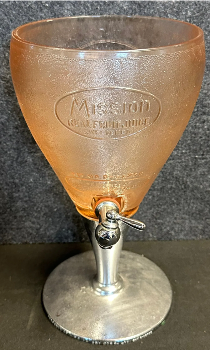 Mission Real Fruit Juice Embossed Glass 1898 Pat’d Soda Fountain Dispenser