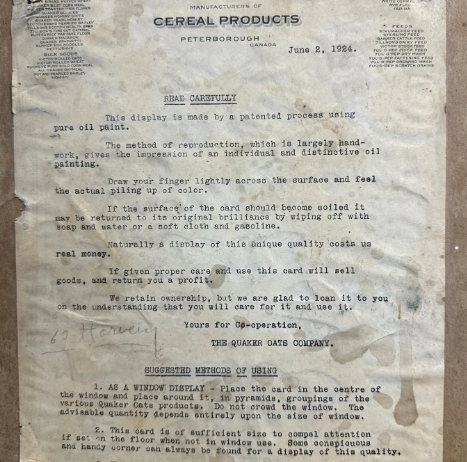 1924 Quaker Mills Oats Cardboard Easel Back Advertising General Store Sign with Attached Document