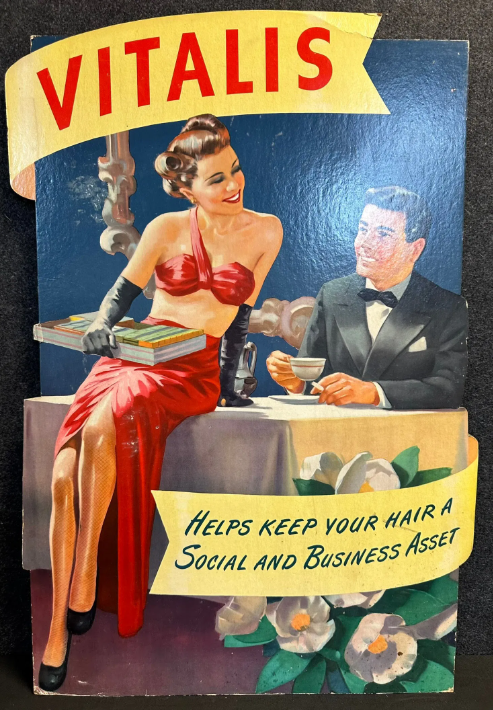 Vitalis Cardboard Easel Back Barber Shop Advertising Hair Tonic Sign