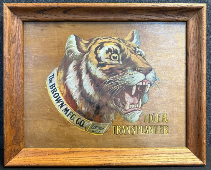 The Brown Mfg Co. Tiger Transplanter Zanesville Ohio Wood Hand Painted Farm Equipment 1920s