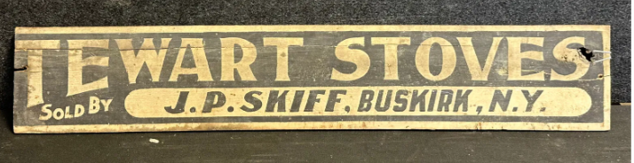 Stewart Stoves Hand Painted Wood Advertising Sign Sold By J.P. Skiff Buskirk NY