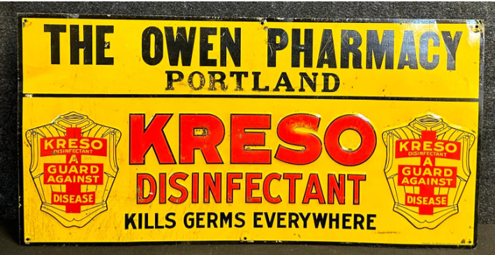Kreso Disinfectant Kills Germs Everywhere Owen Pharmacy SST Embossed 1920s Portland Michigan
