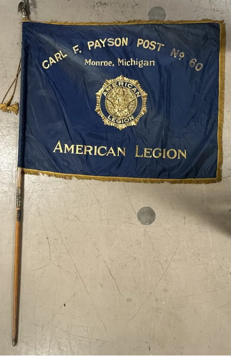 American Legion Monroe Michigan 1930s Flag & Staff Carl R Payson Post No 60