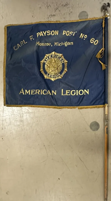 American Legion Monroe Michigan 1930s Flag & Staff Carl R Payson Post No 60