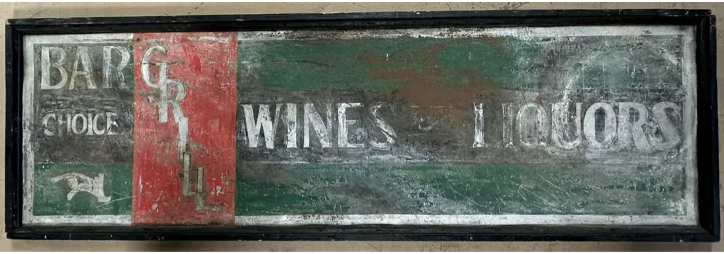 Bar Grill Wines & Liquors Hand Painted Advertising Wood Framed Restaurant Sign