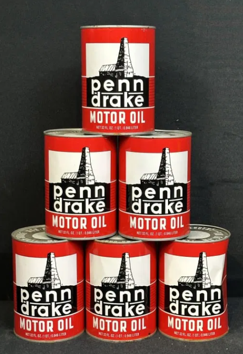 Lot of 6 Full Penn Drake Motor Oil Quart Cans