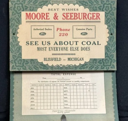 Moore & Seeburger Coal Blissfield Michigan FORD Advertising Calendar Sign