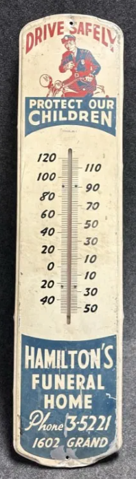 Drive Safely Hamiltons Funeral Home 3 Foot Tube Thermometer with Motorcycle Cop