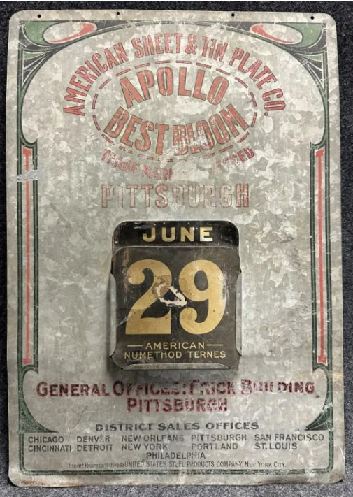 American Sheet & Tin Plate Apollo Best Bloom Pittsburgh Calendar SST Sign