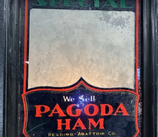 Pagoda Ham Lighted Glass Metal & Wood Countertop Display Sign