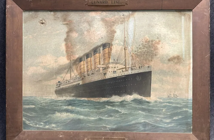 Cunard Line Lusitania Mauretania Cardboard Lithograph Sign