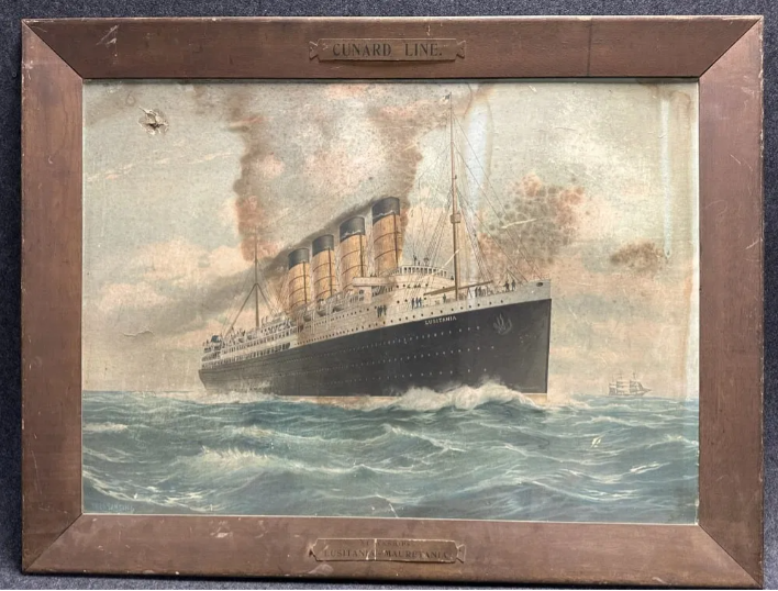 Cunard Line Lusitania Mauretania Cardboard Lithograph Sign