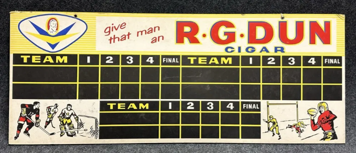 R. G. Dun Cigar Double Sided Football Baseball Scoreboard Cardboard Sign
