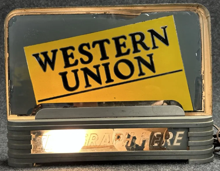 Western Union “Telegraph Here” Reverse Glass Painted Countertop Lighted Display Sign