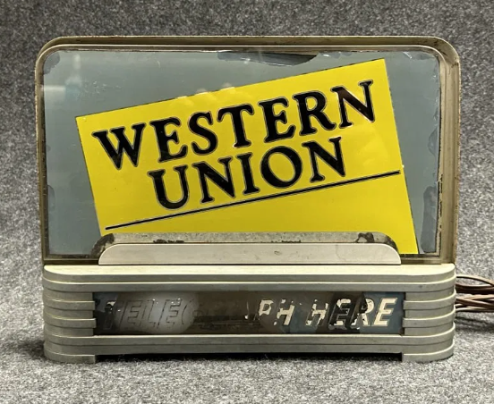 Western Union “Telegraph Here” Reverse Glass Painted Countertop Lighted Display Sign
