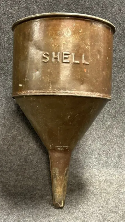 Shell 1930s Solid Brass 19.5″ Tall Service Station Embossed Funnel