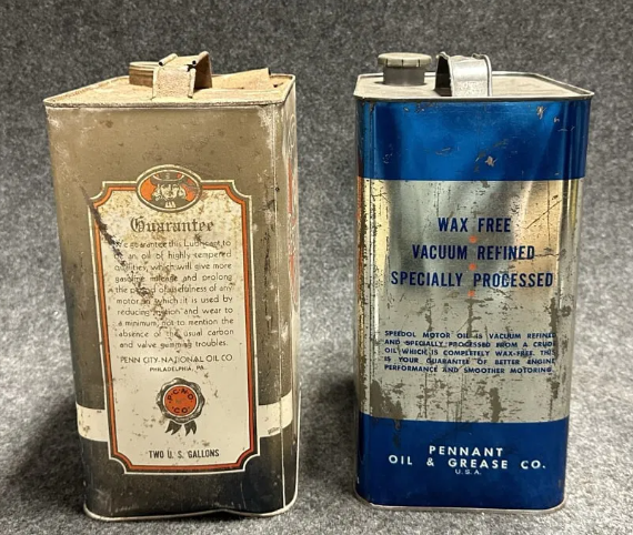 Penn City & Speedol Two Gallon Motor Oil Cans