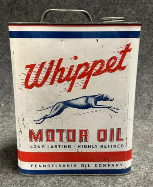 Whippet 2 Gallon Motor Oil Can by Pennsylvania Oil Co with Greyhound
