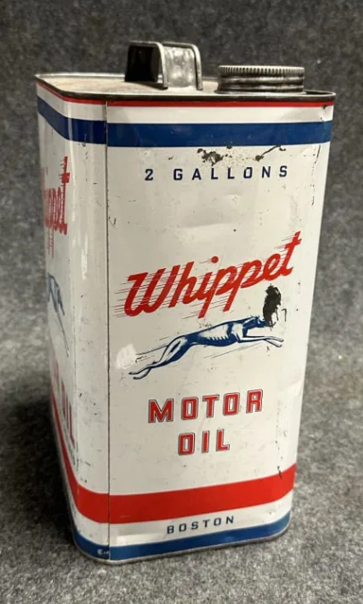 Whippet 2 Gallon Motor Oil Can by Pennsylvania Oil Co with Greyhound